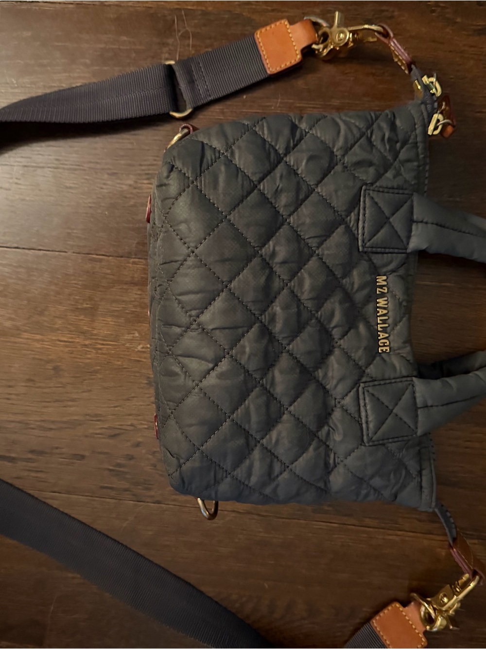 MZ Wallace Black Quilted Nylon Messenger with Gold Hardware and Navy Strap